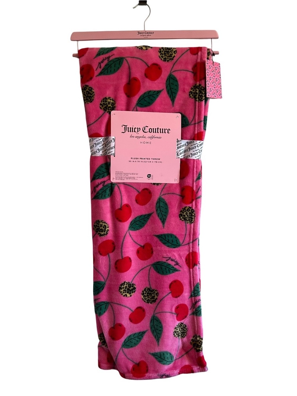 Juicy Couture Leopard Cherry Print Oversized Plush Throw Blanket 50X70 In